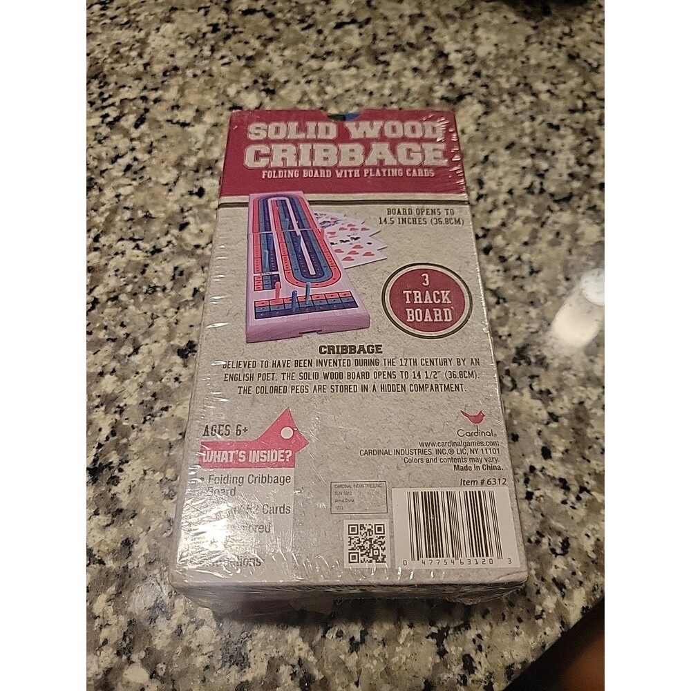 Cardinal Solid Wood Cribbage Set Folding 3 Track‎ Board with Playing Cards